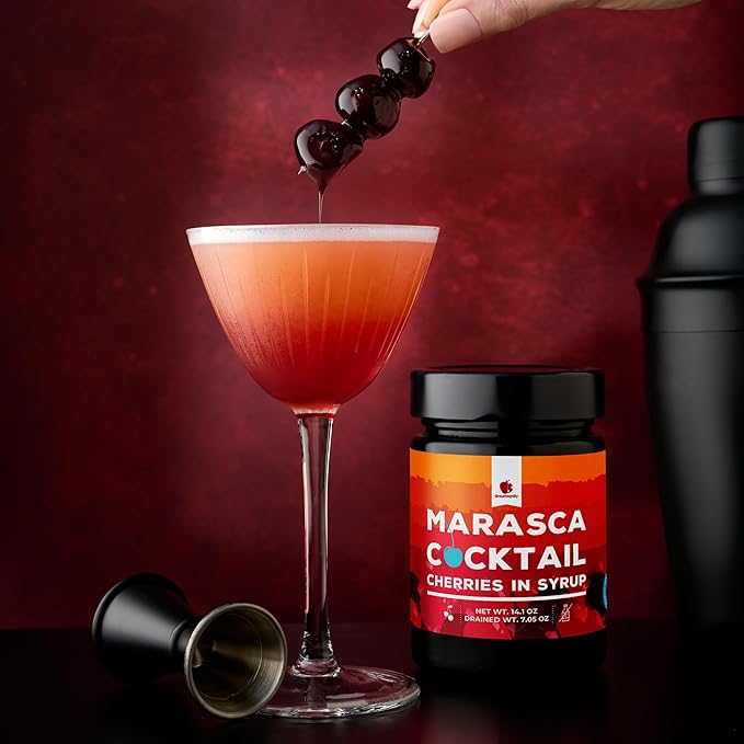 Gourmanity Cocktail Maraschino Cherries, Made from Italian Grown Marasca Cherries. Use in Manhattan, Old Fashioned, and Desserts (14.1oz Jar)