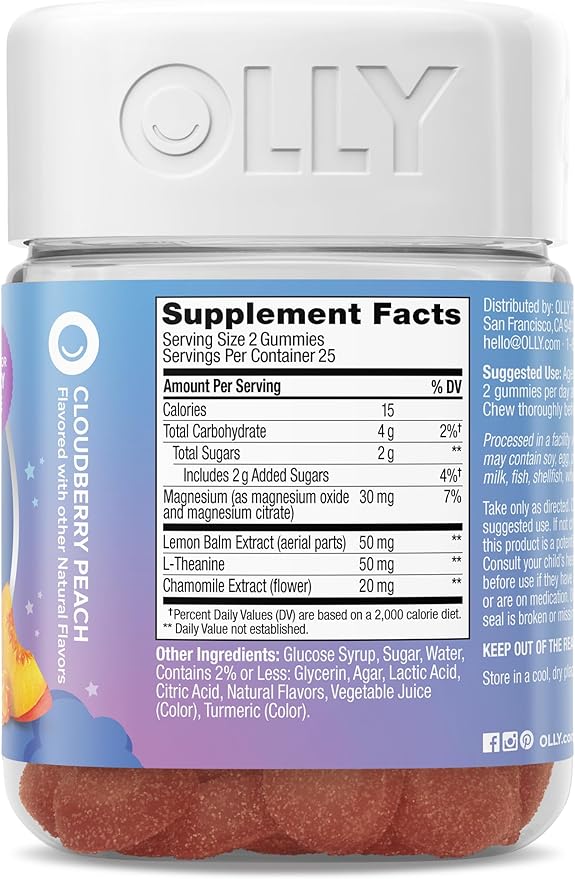 OLLY Kids Melatonin Free Sleep Gummy Supplement, Supports Sleep Quality,* Magnesium, L-Theanine, Lemon Balm, Cloudberry Peach Flavored, 25 Day Supply - 50 Count
