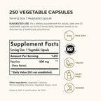 Solgar Taurine 500 mg, 250 Vegetable Capsules - Antioxidant - Brain Health - Amino Acid - Vegan, Gluten Free, Dairy Free, Kosher - 250 Servings