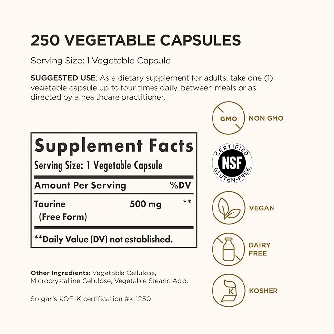 Solgar Taurine 500 mg, 250 Vegetable Capsules - Antioxidant - Brain Health - Amino Acid - Vegan, Gluten Free, Dairy Free, Kosher - 250 Servings