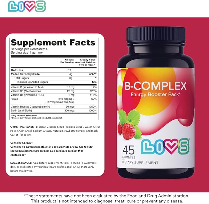 LIVS Vitamin B Complex Gummies with B12, Biotin, B3, B6 & Vitamin C for Kids & Adults | Energy, Support & Recovery Supplement | Promotes Mood, Metabolism & Nerve Function | Strawberry Flavor – 90 Ct