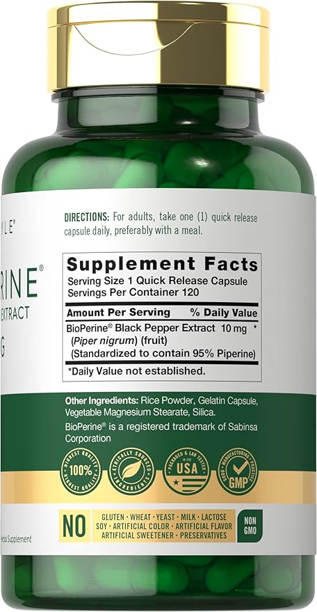 Carlyle Bioperine 10mg | 120 Capsules | Non-GMO & Gluten Free | Sourced from Black Pepper Extract | Supports Curcumin Powder Absorption