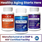GENEX NMN, Resveratrol, and Berberine Power Pack Supplements | 250mg Nicotinamide Mononucleotide (NMN), Ultra Strength 500mg Resveratrol, & AMPK Activator Berberine 500mg for Healthy Aging (3 Bottles)