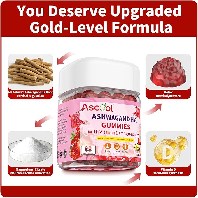 Ashwagandha Gummies for Stress Relief & Clam with Magnesium + Vitamin D – 90 Count Sugar-Free, Vegan Ashwa Supplements