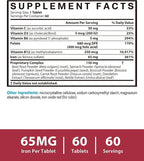 Iron Supplement 65mg, with Vitamin C, D3, B6, B12 & Folate, Spinach, Broccoli, Beet Root, Pumpkin Seeds, Dandelion & Carrots, Blood Building & Energy Support, 60 Tablets