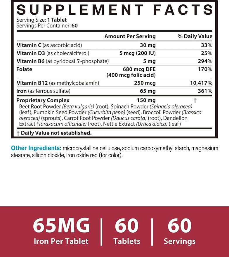 Iron Supplement 65mg, with Vitamin C, D3, B6, B12 & Folate, Spinach, Broccoli, Beet Root, Pumpkin Seeds, Dandelion & Carrots, Blood Building & Energy Support, 60 Tablets