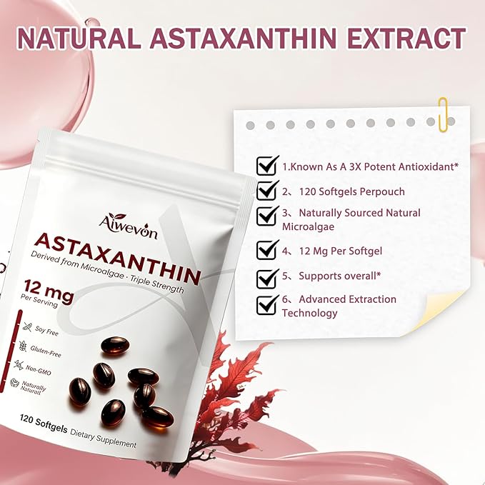 Astaxanthin Supplement 12mg Softgels, Natural Astaxanthin from Microalgae with MCT Oil for Absorption, Powerful Antioxidant Support for Skin Eye Heart Joint Health, Non-GMO Gluten Free, 120 Softgels