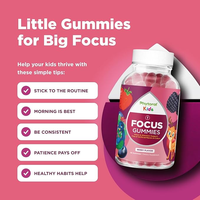 Vegan Kids Focus Gummies - Potent Chewable Brain Support for Children - Enhances Concentration & Memory - Calming Supplements & Focus Gummies for Kids - Non-GMO & Gluten-Free - 60 Count - 3 Pack