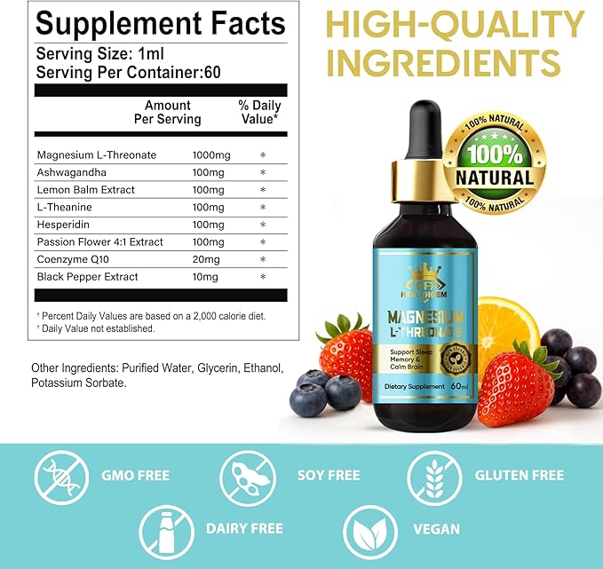 Magnesium L-Threonate Drop, Liquid Supplement w. Apigenin, Theanine, Lemon Balm for Sleep & Memory, Supports Cognitive Function & Balanced Mood, High Absorption