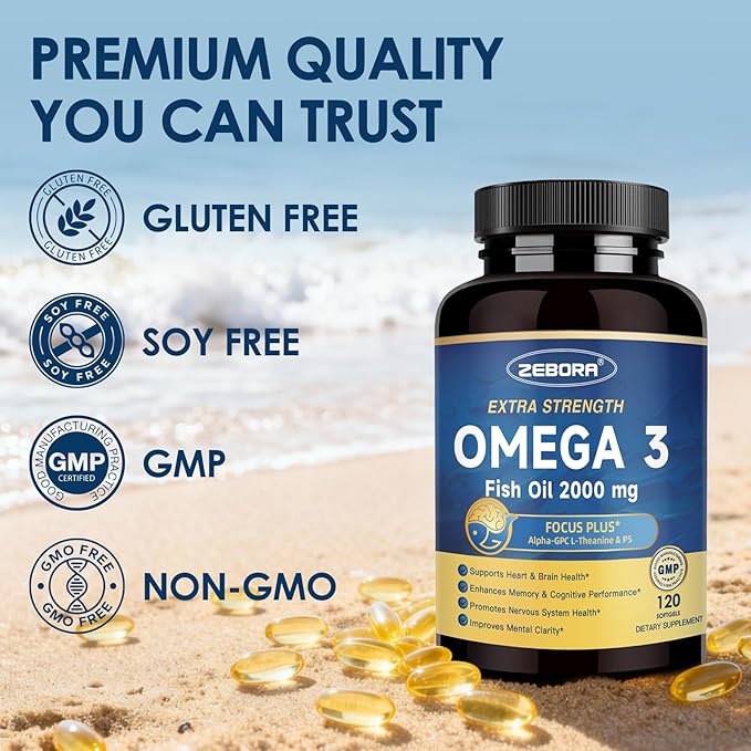 ZEBORA Omega-3 Fish Oil 2000mg - High Potency DHA & EPA Omega 3 with Alpha-GPC & PS for Brain, Cognition & Heart Support, Sustainably Sourced, 120 Softgels