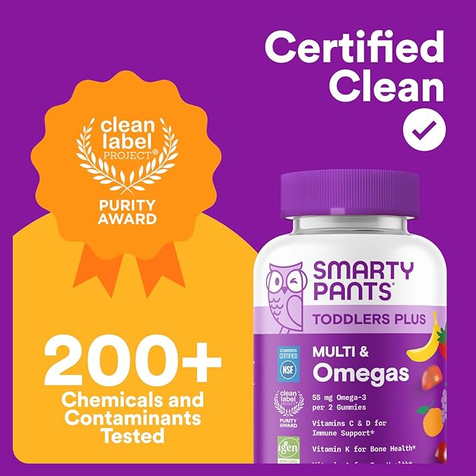 SmartyPants Toddler Multivitamin Gummies, Omega 3 (DHA/EPA), Vitamins D3, C, Vitamin B12, B6, A, K & Zinc, Biotin, Gluten Free, Three Fruit Flavors, 60 Count (30 Day Supply)