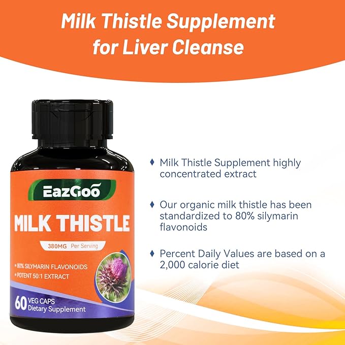 Milk Thistle Supplement,60 Capsules - 380mg Extract & 80% Silymarin Standardized, Liver Support Supplement, Vegan, Non-GMO