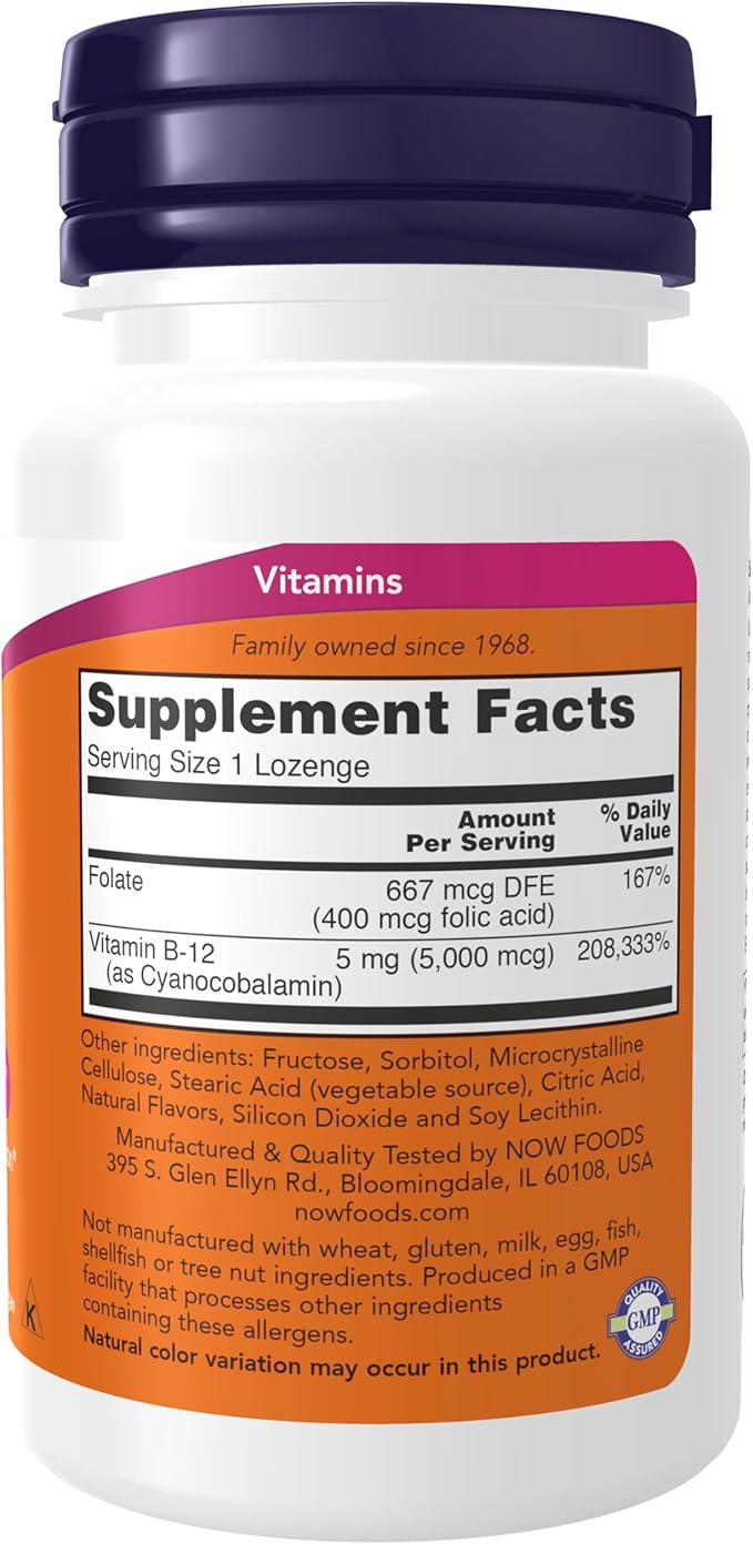 NOW Foods Supplements, Vitamin B-12 5,000 mcg, with Folic Acid, Nervous System Health*, 60 Count (Pack of 2)