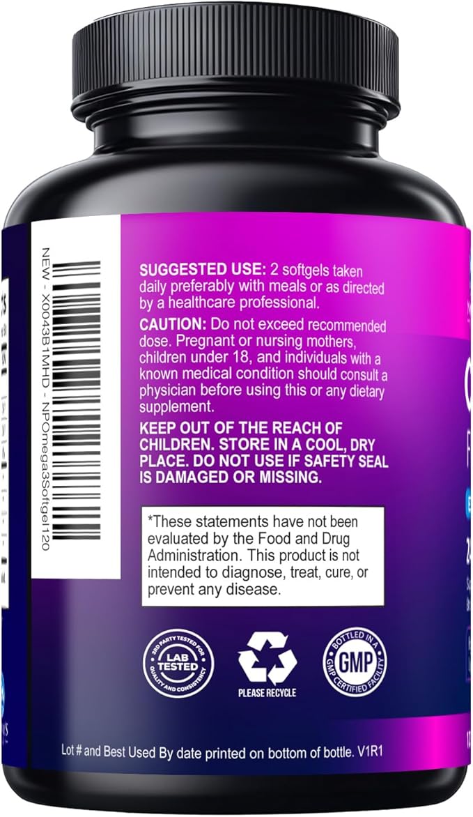 Omega 3 Fish Oil Supplements - 2400mg Fish Oil Per Serving - Triple Strength Omega-3 with Fatty Acids EPA & DHA - Natural Heart, Brain & Immune Support - Wild Caught, Bottled in USA - 120 Softgels