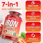 Iron Gummies for Women, Men & Kids, Sugar Free Iron Supplement with Calcium, Zinc, Folate & Vitamin B12, C, B6 - for Blood Building & Energy Support, Anemia, Strawberry, 120 Count