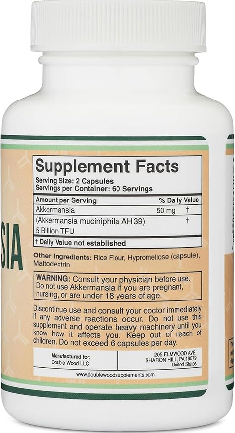 Akkermansia Probiotic and Postbiotic (Increases GLP-1 Production) 120 Capsules, 50mg per Serving (Third Party Tested to 5 Billion TFU per Serving, 50 Billion CFU per Gram) by Double Wood