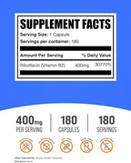 BulkSupplements.com Riboflavin Capsules - Vitamin B2 400 mg, Riboflavin 400mg - Essential B Vitamin, Gluten Free, 1 Capsule per Serving, 180 Capsules (Pack of 1)