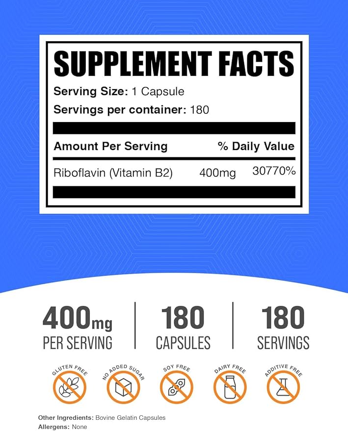BulkSupplements.com Riboflavin Capsules - Vitamin B2 400 mg, Riboflavin 400mg - Essential B Vitamin, Gluten Free, 1 Capsule per Serving, 180 Capsules (Pack of 1)