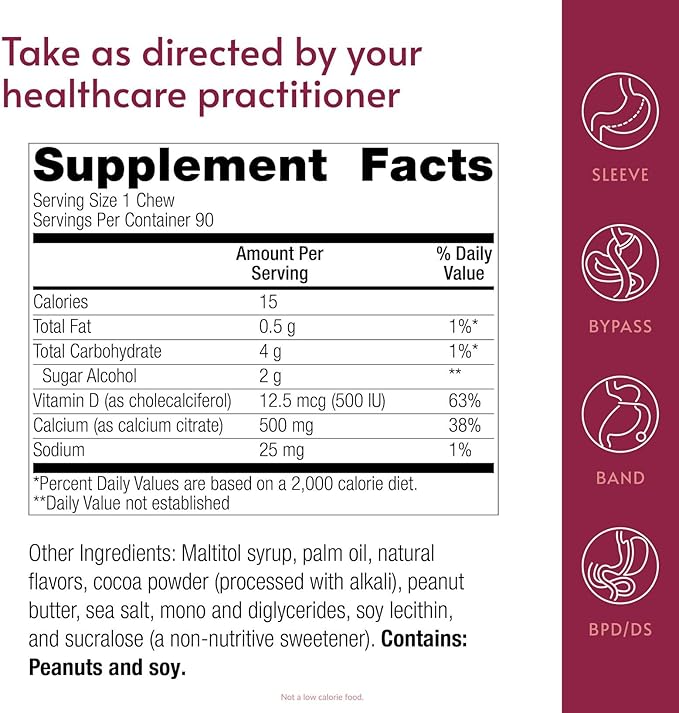Bariatric Advantage Calcium Citrate Chewy Bites 500 mg - Highly Absorbable & Digestible - Vitamin D3 - Easily Chewable Calcium Supplement - Peanut Butter Chocolate - 90 Count