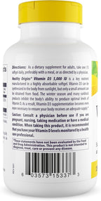 Healthy Origins Vitamin D3 (Lanolin) 5,000 IU Softgel - Bone Health and Immune Support Supplement - Easily Absorbable Vitamin D Supplements - Gluten-Free Vitamin D3 Supplement - 360 Softgels
