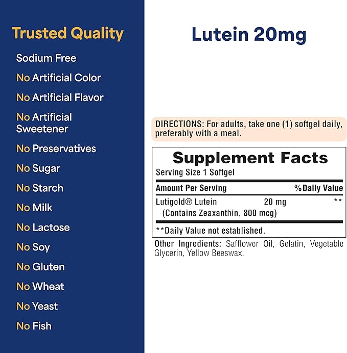 Puritan's Pride Premium Lutigold Lutein Carotenoid 20mg with Zeaxanthin for Men and Women, Dietary Supplement for Eye Health Support, 8 Month Supply, 120 Easy-to-Swallow Softgels, 2 Pack