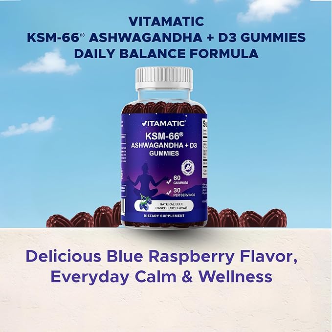 Vitamatic KSM-66® Ashwagandha + D3 Gummies – Natural Blue Raspberry Flavor – Sugar Free, Gluten Free, Non-GMO – 60 Gummies