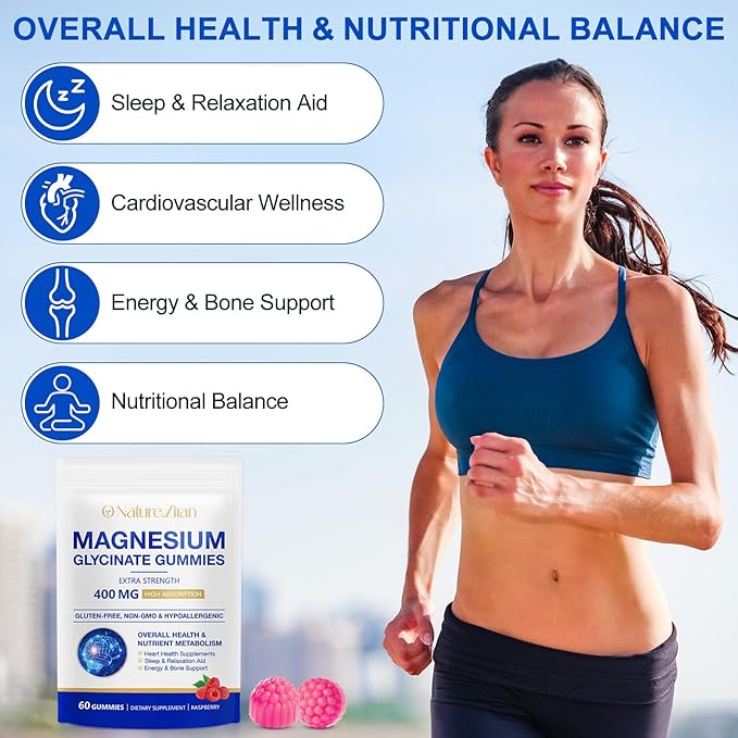 Magnesium Glycinate Gummies 400mg, for Women and Men, Body Support and Relaxation, 60 Gummies