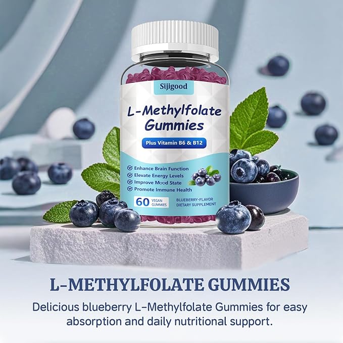 L-Methylfolate Gummies with Methyl B12 - Empower Mood, Optimize Brain Health & Fortify Immune System. Blueberry Flavor 60 Count.