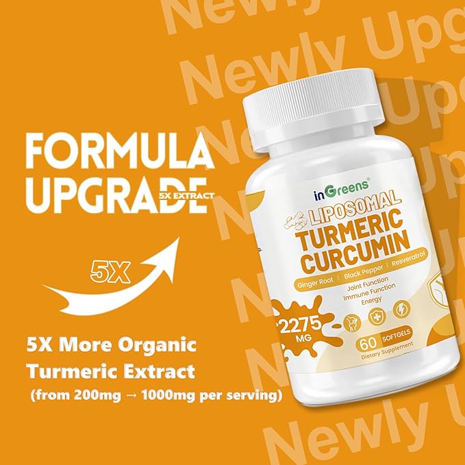 inGreens Turmeric Curcumin Supplement 2275mg, 95% Curcumin, High Absorption Liposomal Turmeric Supplement with Black Pepper & Ginger Extract, Joint Support, Immune Function, Non-GMO, 120 Softgels