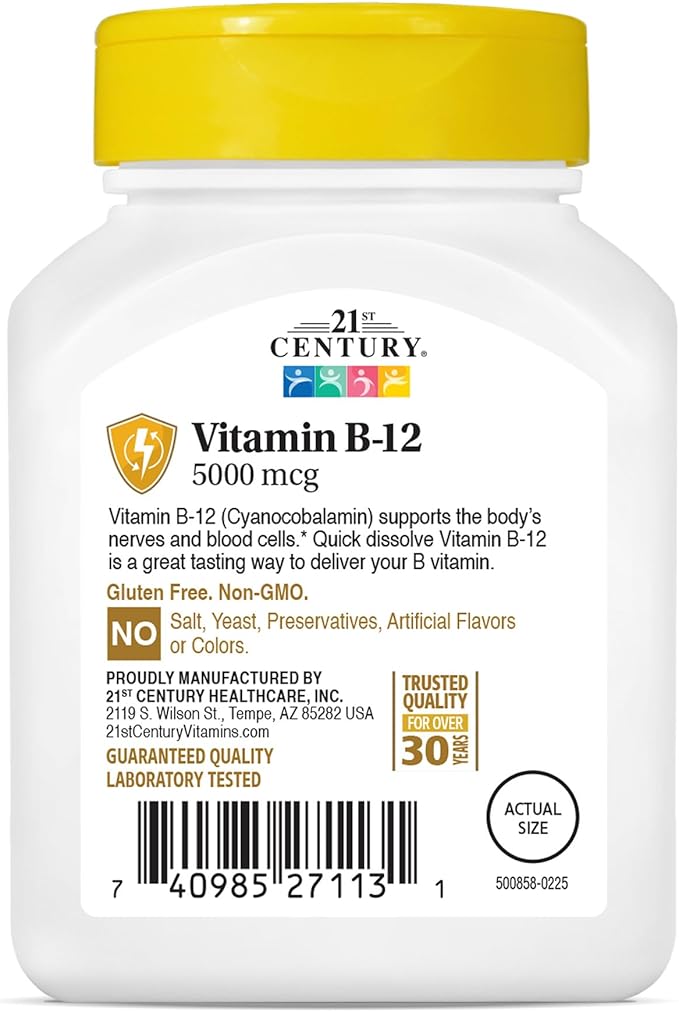 21st Century Vitamin B12 5000 mcg Supplement, (110 Count), Cherry Flavored Sublingual Tablets, Quick Dissolving Formula, Gluten-Free & Non-GMO, No Added Yeast, Artificial Flavors, or Colors