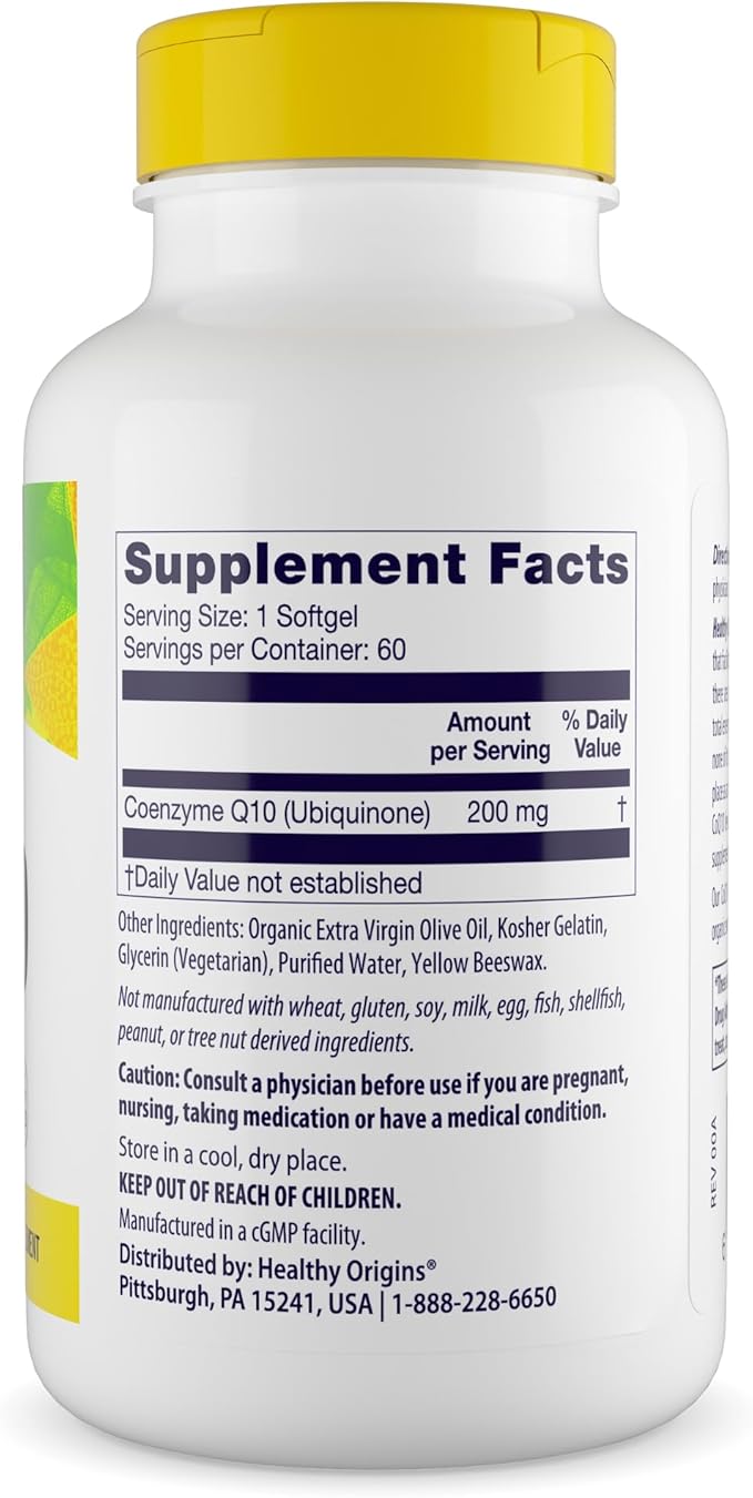Healthy Origins® CoQ10 200 mg – Natural Trans-Isomer Ubiquinone – Yeast Fermented, Supports Heart Health & Cellular Energy – Non-GMO 60 Softgels