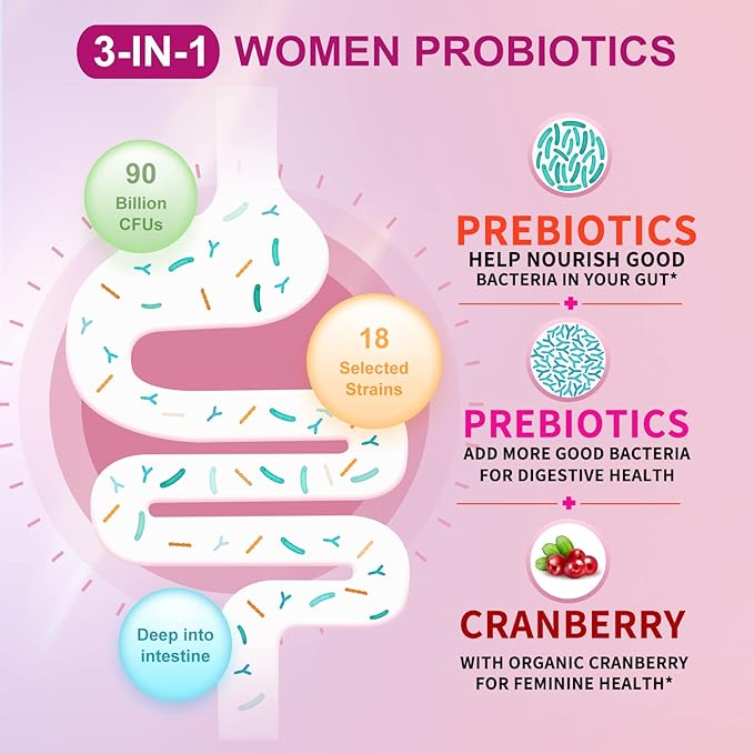 OMOGS Women's Probiotic, with Cranberry Extract, Organic Prebiotics & Vitamin C, 90 Billion CFUs,18 Strains, Help for Boost Immune, Digestive, Gut Health & Women's Health, Gluten & Soy Free,90 Tablets