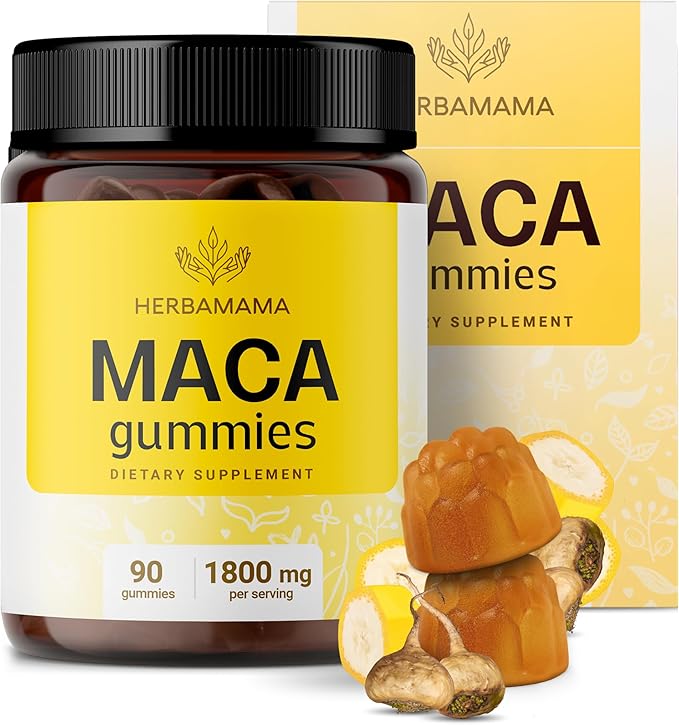 HERBAMAMA Maca Root Gummies - 1800mg Maca Root Extract for Energy Support - Vegan, Non-GMO Antioxidant Support Supplement - 90 Pectin-Based Banana-Flavored Chews