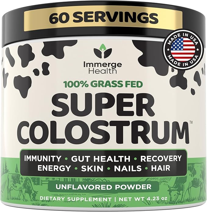 Immerge Health Super Colostrum Powder (60 Servings) – Premium Bovine Colostrum Supplement for Gut Health, Bloating & Immune Support – High IgG, 100% Grass Fed First Milking, Unflavored, Made in USA