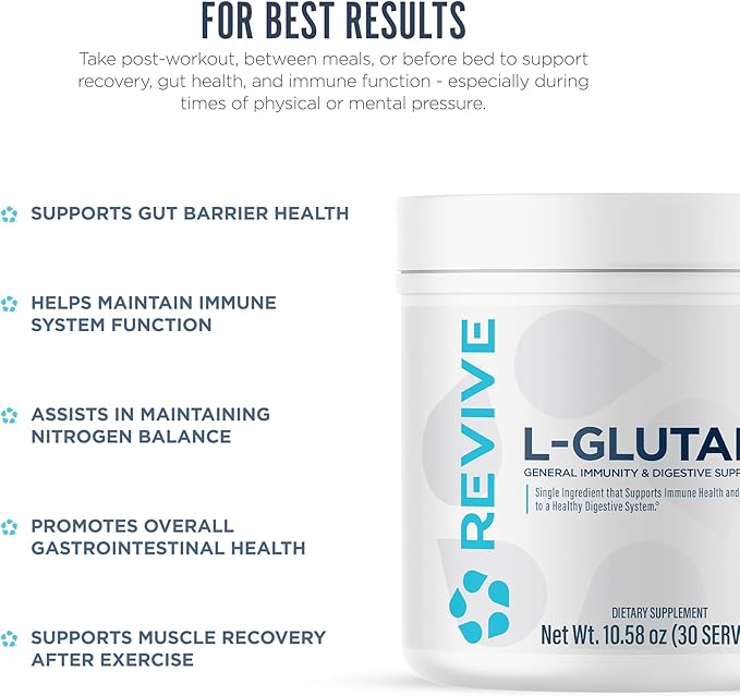 Revive MD Gut L-Glutamine Powder - Muscle Recovery & Immune Support Supplement for Adults - Promotes Digestive Health, Reduces Muscle Soreness & Supports Immunity - Vegan (90 Servings)