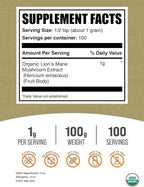 BulkSupplements.com Organic Lion's Mane Mushroom Extract Powder - Lions Mane Supplement Powder, Superfood for Well-Being - Vegan, 1g per Serving, 100g (3.5 oz) (Pack of 1)