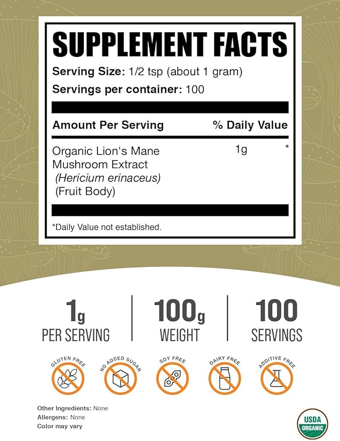 BulkSupplements.com Organic Lion's Mane Mushroom Extract Powder - Lions Mane Supplement Powder, Superfood for Well-Being - Vegan, 1g per Serving, 100g (3.5 oz) (Pack of 1)