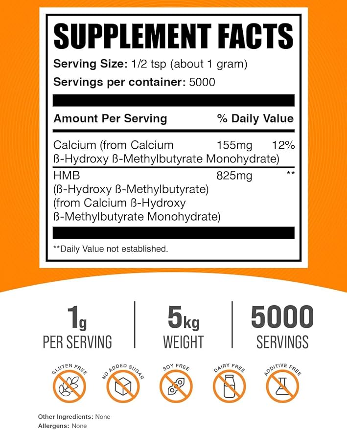 BulkSupplements.com HMB Powder - as Calcium HMB Supplement, Beta-Hydroxy Beta-Methylbutyrate - Unflavored & Gluten Free, 1g per Serving, 1kg (Pack of 5) (11 lbs)