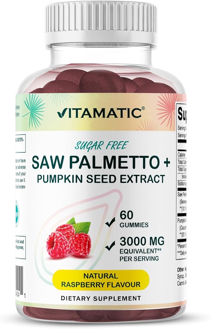 Vitamatic Saw Palmetto & Pumpkin Seed Gummies – Sugar-Free Botanical Extract – Natural Raspberry Flavor – Vegan, Non-GMO, Plant-Based Gummies – 60 Count