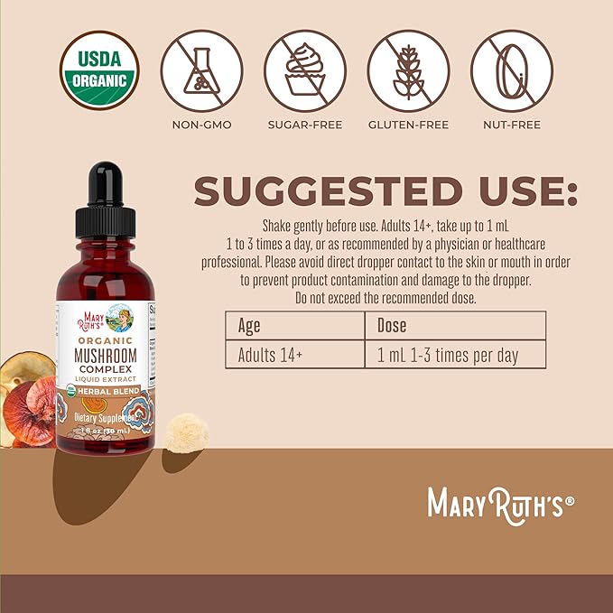 MARYRUTH'S Mushroom Complex | Lion's Mane | Turkey Tail | Reishi Mushroom | Shiitake Mushrooms | Alcohol Free | Mushroom Blend | Organic | Non-GMO | Vegan | 30 Servings