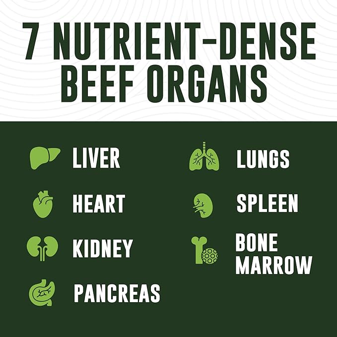 Beef Organ Supplement Grass Fed - 7 Beef Organs Complex from New Zealand - Liver Heart Pancreas Kidney Lung Spleen Bone Marrow - Non-GMO, No Fillers, Hormone & Antibiotic Free - Carnivore Diet - 180ct