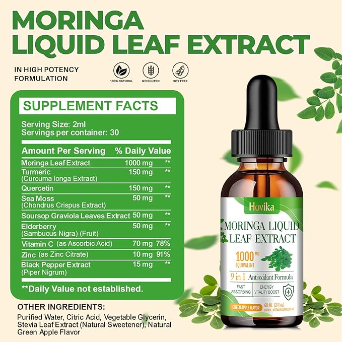 Moringa Leaf Extract Liquid Drops - Liquid Moringa Supplement 1000 mg with Turmeric, Quercetin, Elderberry, Sea Moss, Vitamin C & Zinc, for Energy Immune Antioxidant Digestive Support, 2 Fl Oz