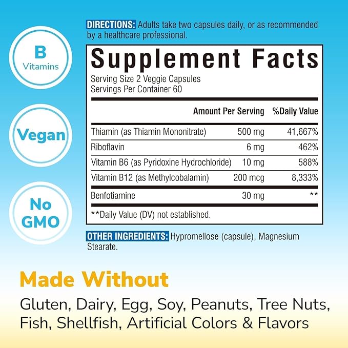 Vitamin B1 500 MG, with Vitamin B12, B6, B2, B1 Vitamin B Complex, Vegan, 120 Capsules