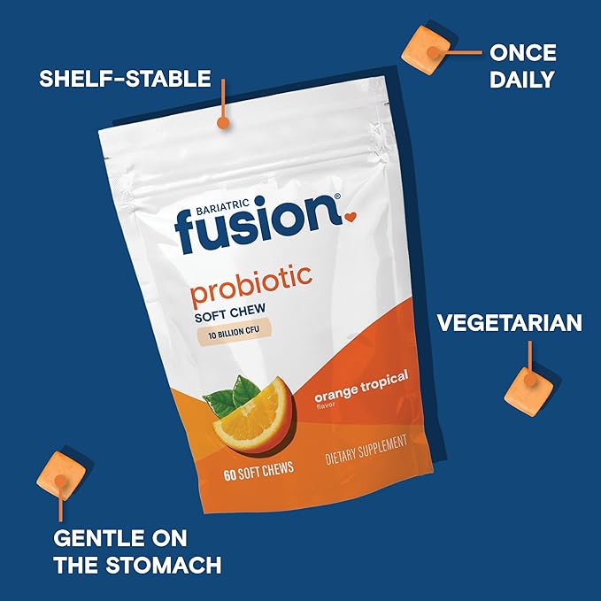 Bariatric Fusion Bariatric Probiotic Soft Chews | Orange Tropical Flavor Chewy Bariatric Vitamin | Bacillus Coagulans 10 Billion CFU Chewable Probiotic | Support Digestive & Immune Health | 60 Count