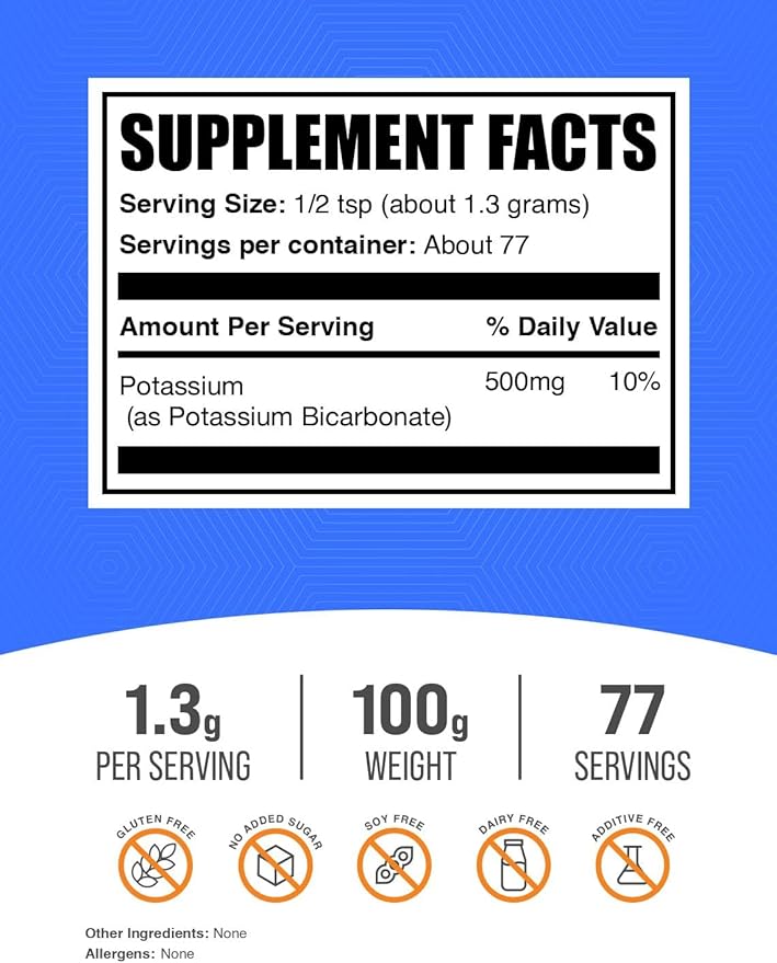 BulkSupplements.com Potassium Bicarbonate Powder - Potassium Bicarbonate Food Grade, Mineral Supplement - 1.3g per Serving, 100g (3.5 oz) (Pack of 1)