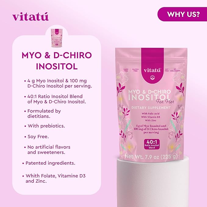 | Myo Inositol (4g) & D-Chiro Inositol (1g) Ideal Mix 40:1 | Duration 45 Days | with Folic Acid + Vitamin D3 + Zinc, Powdered Dietary Supplement for Women (225 g)