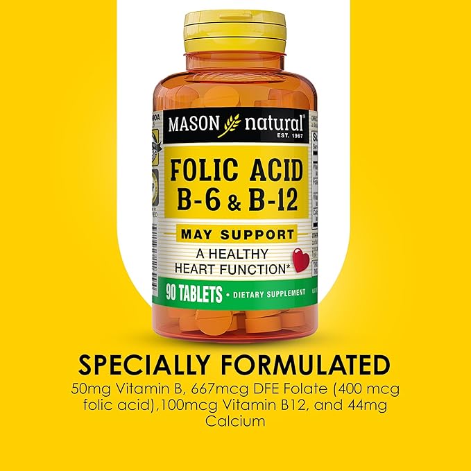 MASON NATURAL Heart Formula B6/B12/Folic Acid Tablets, Dietary Supplement Supports Cardiovascular Health, Red Blood Cell Formation, Metabolic Function, 90 Count (Pack of 3)