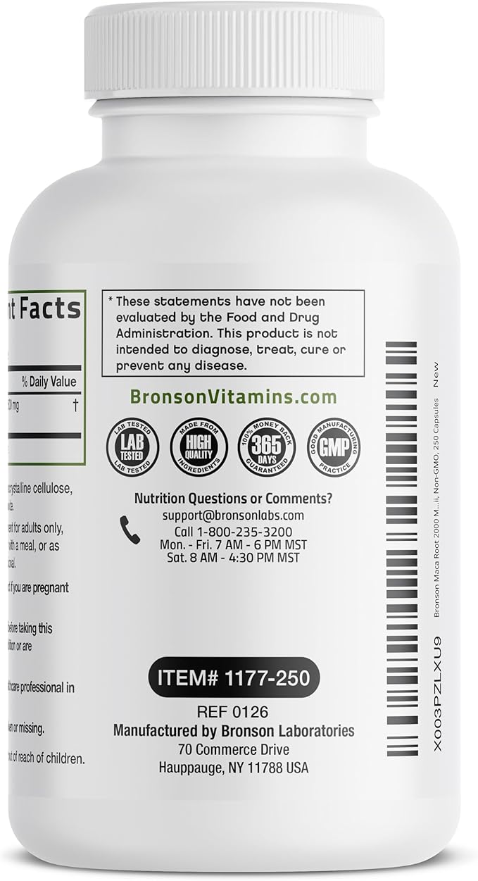Bronson Maca Root Lepidium Meyenii Non-GMO, 250 Vegetarian Capsules
