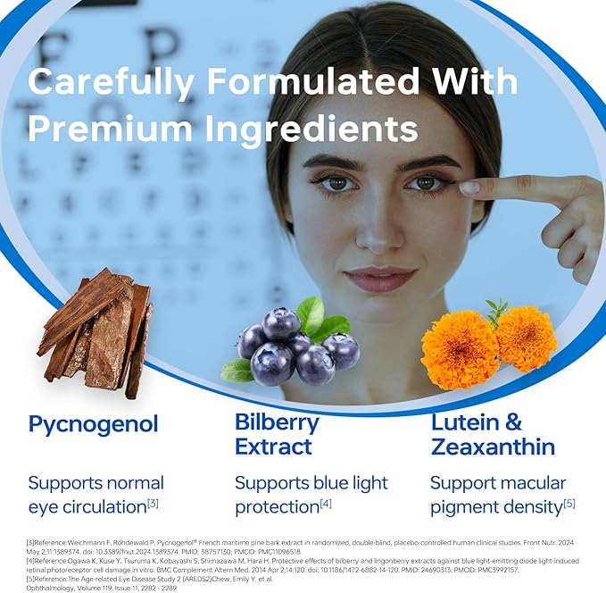 HUJ Eye Health - Eye Supplement for Adults with Pycnogenol®(French Maritime Pine Bark Extract)，Bilberry Extract，Lutein - Supports Vision, Eye Function, and Blue Light Protection* - 30 Capsules