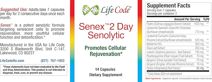 Senex 2 Day Senolytic Complex Supports Elimination of Senescient Cells, Rejuvenation, Anti-Aging with 10 Ingredients Including Fisetin, Quercetin, Apigenin, Luteolin, Piperlongumine, ...